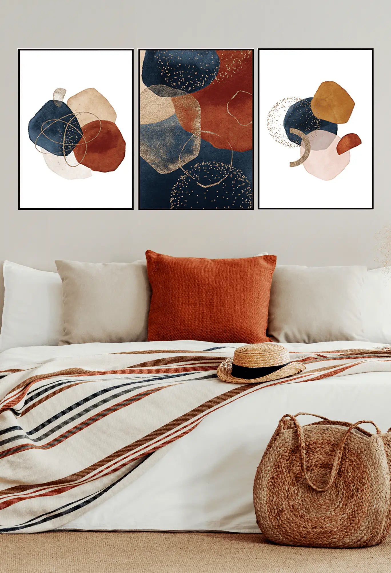 Terracotta and Navy Blue Abstract Shapes Triptych Canvas Print Wall Art | CP017