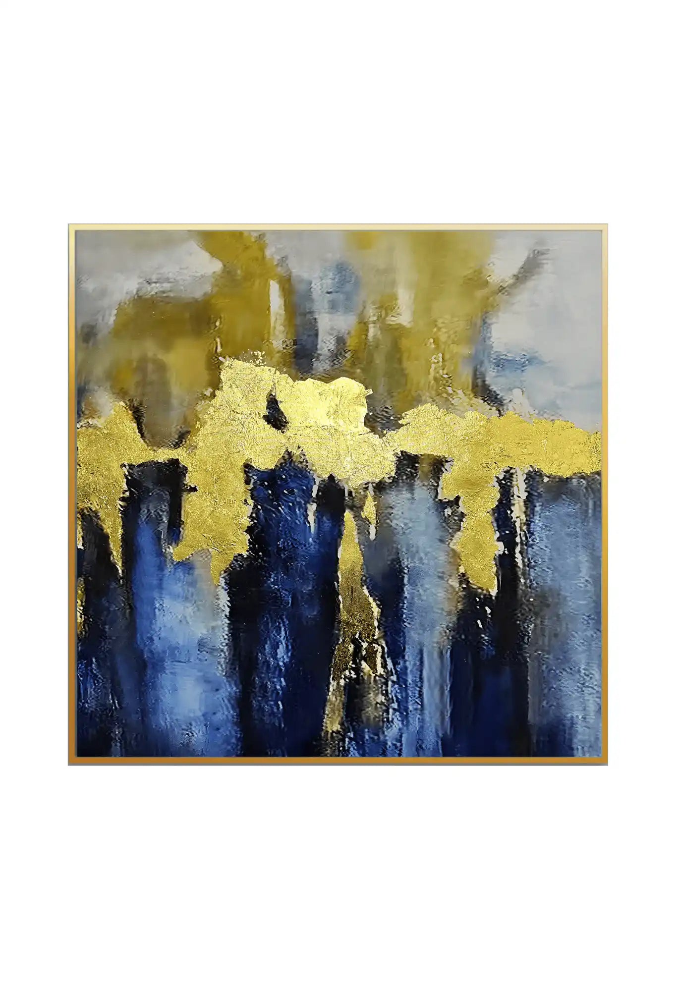 Navy Blue and Gold Abstract Expressionist Diptych Canvas Print Wall Art | CP019020