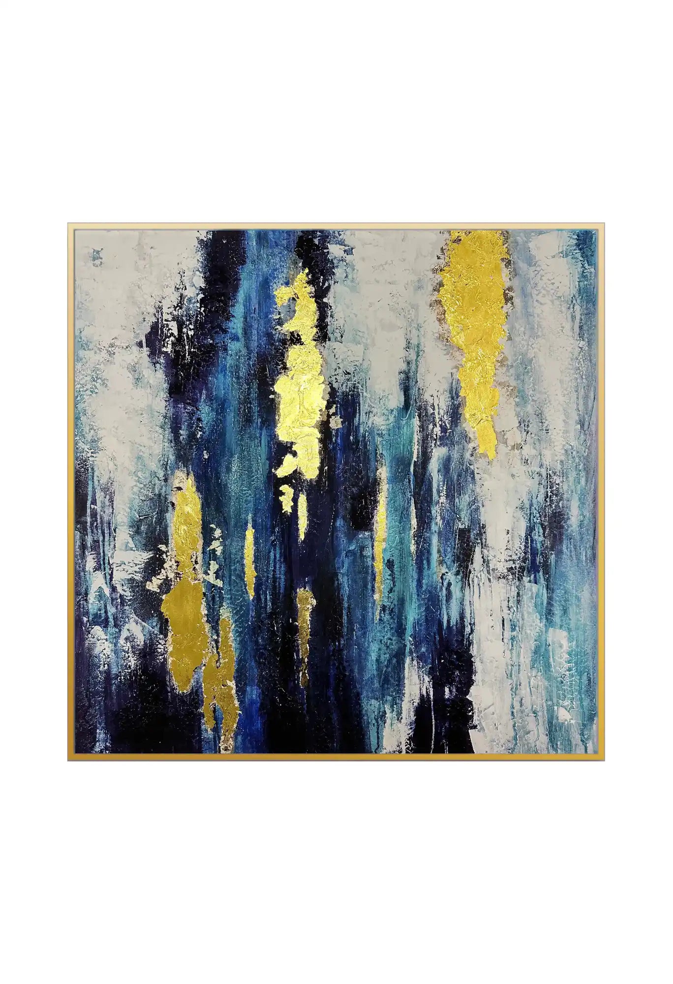 Navy Blue and Gold Abstract Expressionist Diptych Canvas Print Wall Art | CP019020