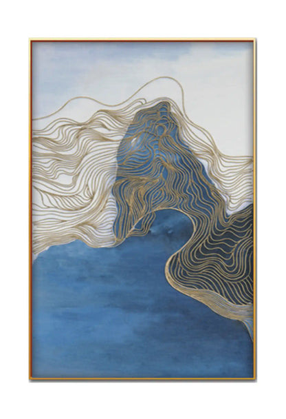 Blue and Gold Abstract Line Art Diptych Canvas Print Wall Art | CP060061