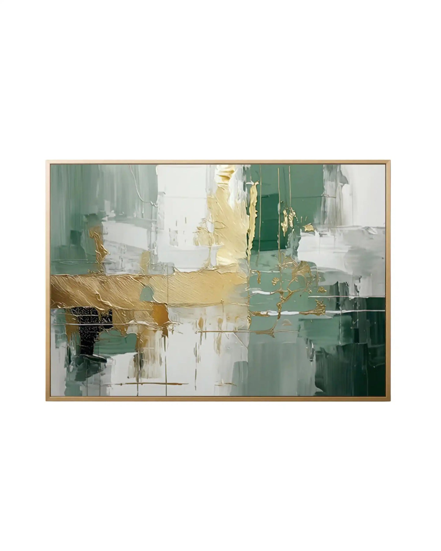 Large horizontal canvas print featuring abstract sage green, forest green, white, and metallic gold textured brushstrokes in a thin gold frame.