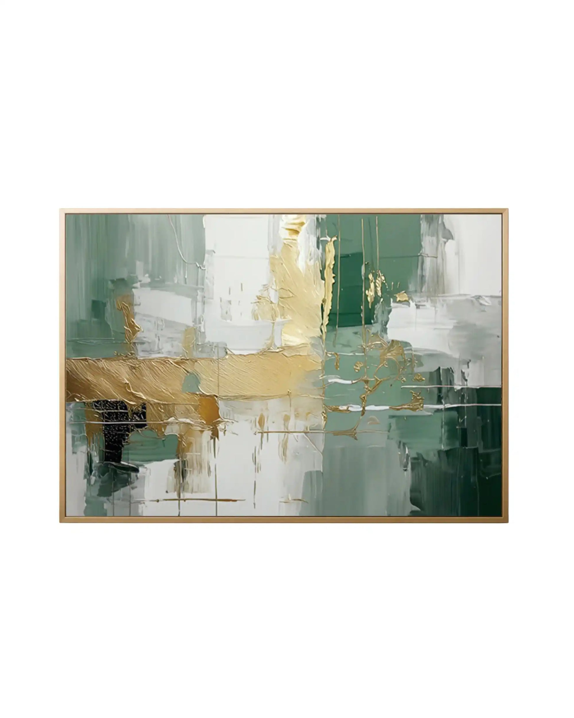 Large horizontal canvas print featuring abstract sage green, forest green, white, and metallic gold textured brushstrokes in a thin gold frame.