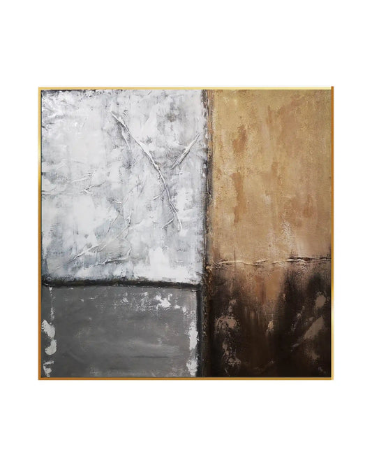 Grey and Tan Block Geometric Abstract Hand-Painted Canvas Art | HP004