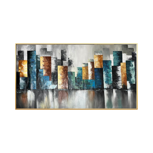 HP045 Abstract Cityscape in Blue and Yellow Hues Hand-Painted Wall Decor