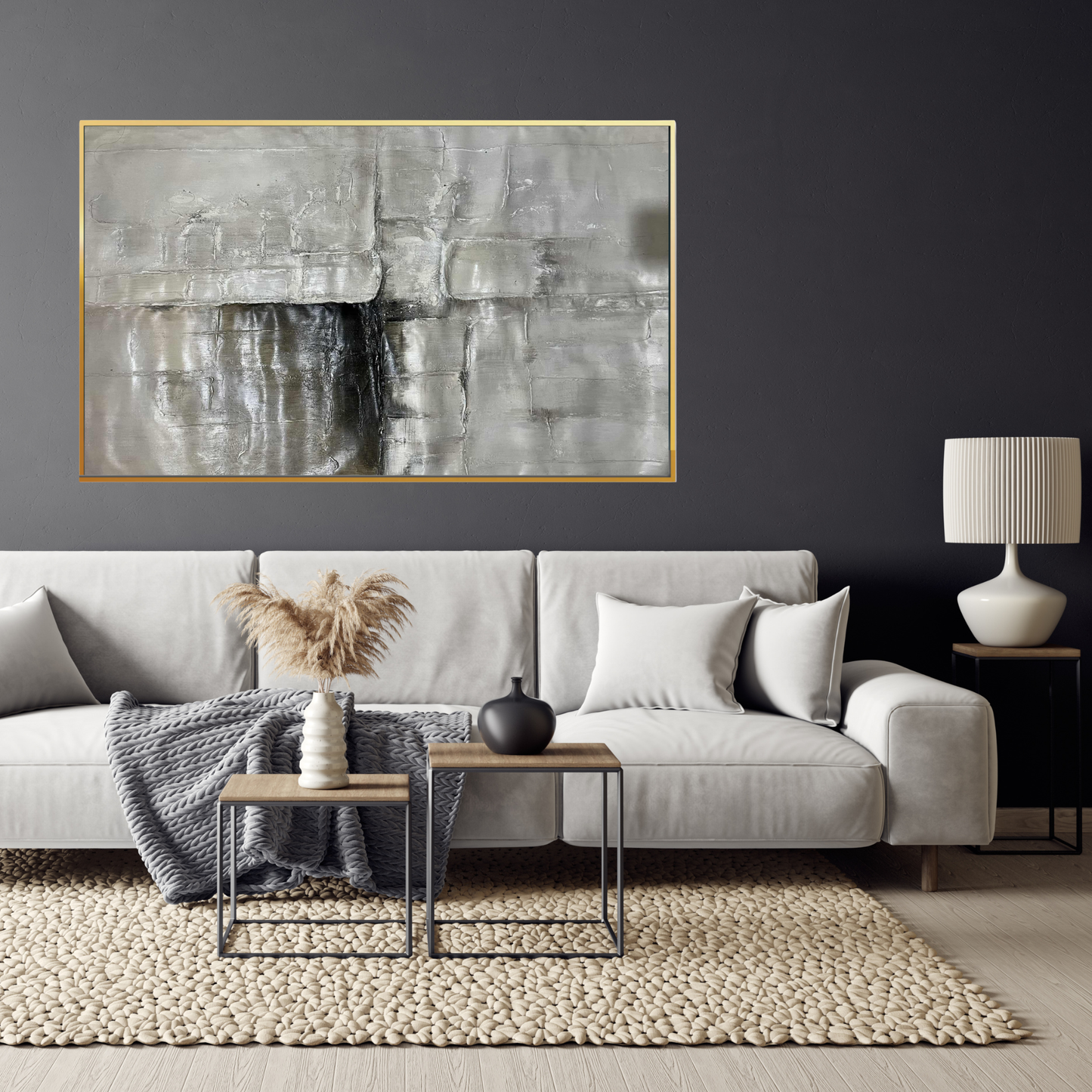 Muted Slate Abstract Blocks Hand-Painted Canvas Wall Art 95x185 cm | HP063