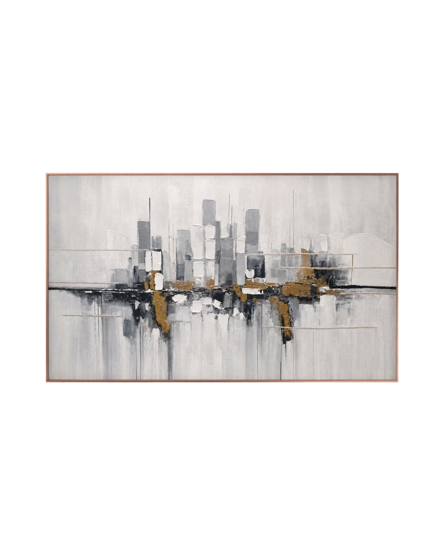 Horizontal abstract painting in a thin bronze frame featuring a textured city skyline silhouette rendered in gray, black, white, and metallic gold accents over a misty background.