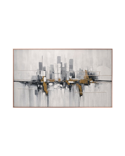 Horizontal abstract painting in a thin bronze frame featuring a textured city skyline silhouette rendered in gray, black, white, and metallic gold accents over a misty background.