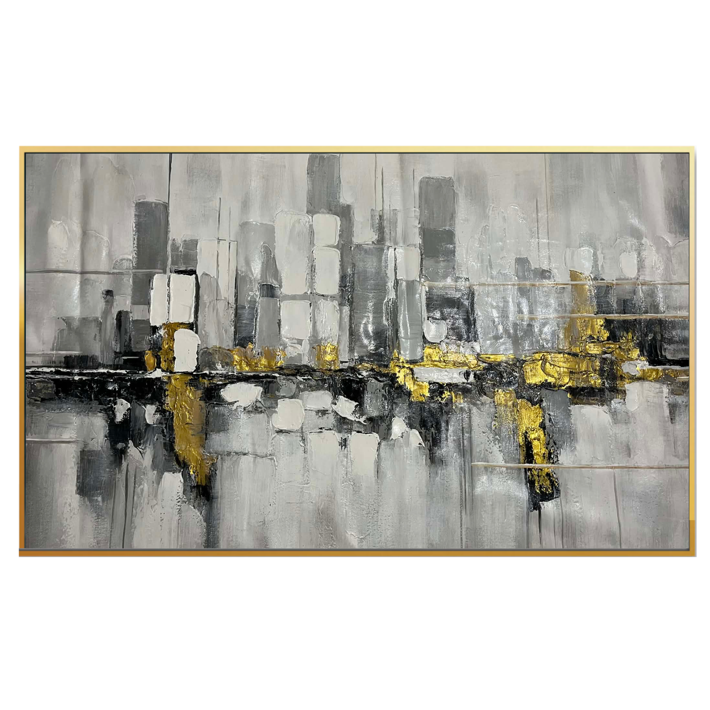A 95x185 cm original hand-painted canvas wall art panel depicting an oversized minimalist textured layout of a grey skyscraper cityscape skyline with bright central horizontal metallic gold foil accents for luxury living room decor.