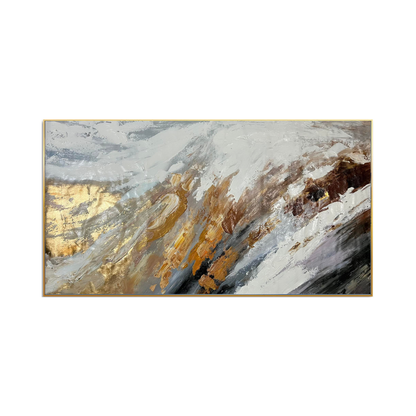 A 95x185 cm original hand-painted canvas wall art panel depicting an oversized minimalist textured layout of diagonal slate grey and bronze paint currents highlighted by a left-side metallic gold foil patch for luxury living room decor.