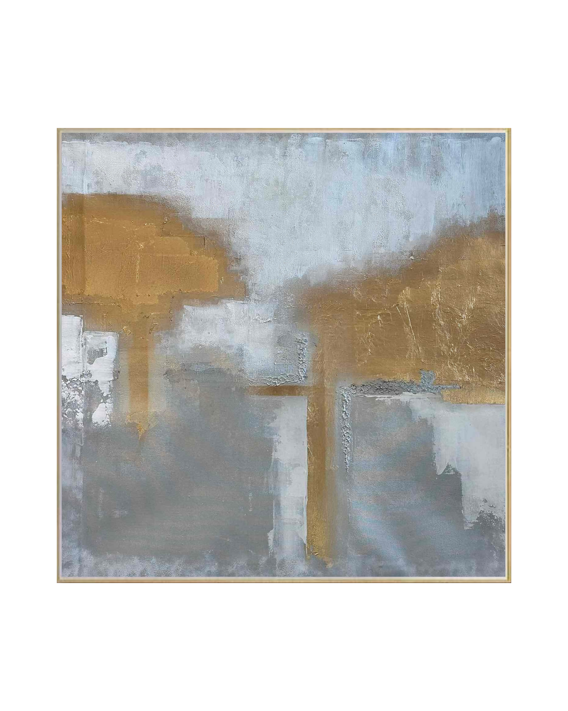 A hand-painted square canvas wall art panel depicting an abstract landscape with a textured grey and white base, a misty light grey upper field, and prominent shimmering metallic gold cloud-like blocks for modern luxury decor.