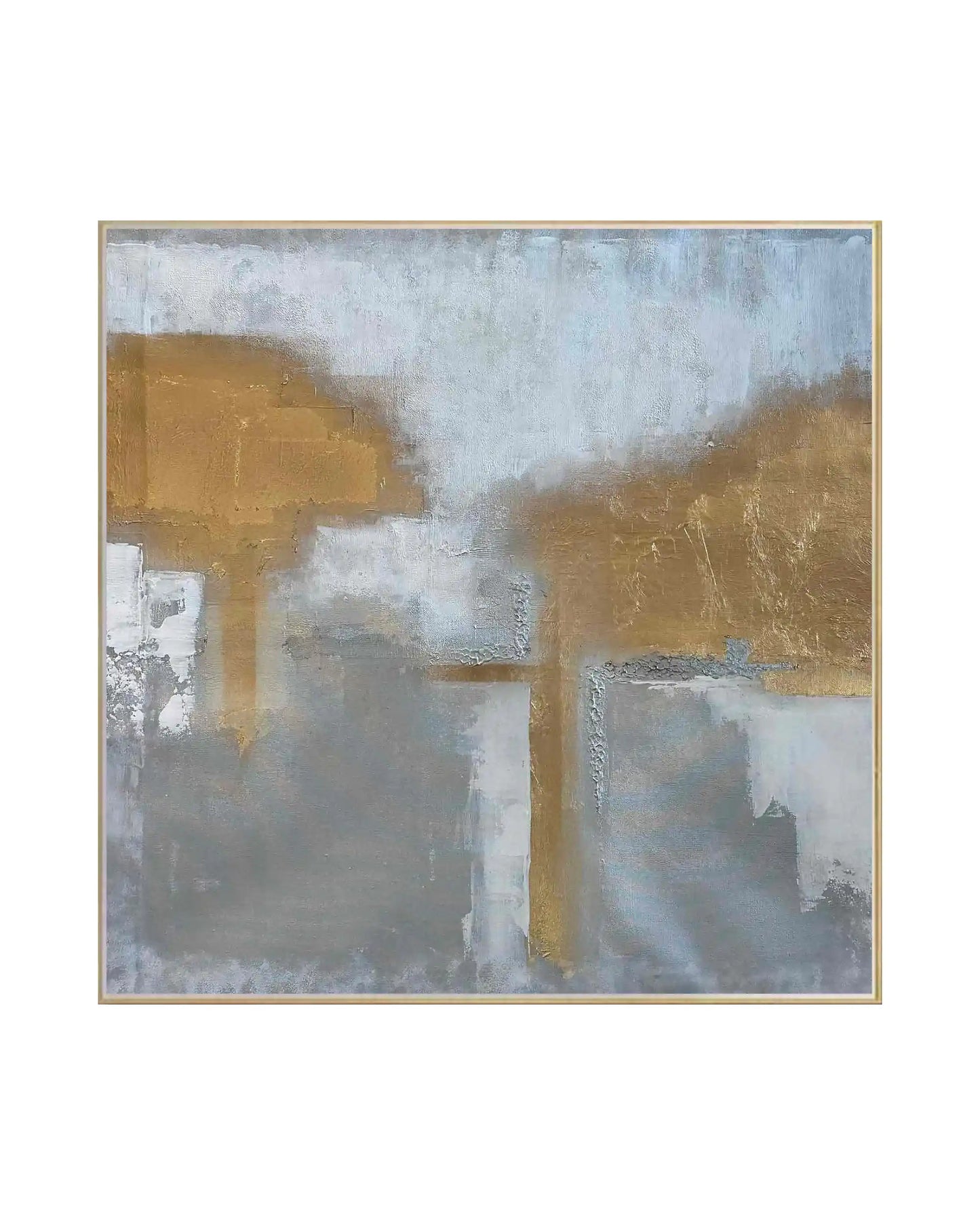 A hand-painted square canvas wall art panel depicting an abstract landscape with a textured grey and white base, a misty light grey upper field, and prominent shimmering metallic gold cloud-like blocks for modern luxury decor.