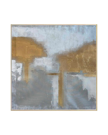A hand-painted square canvas wall art panel depicting an abstract landscape with a textured grey and white base, a misty light grey upper field, and prominent shimmering metallic gold cloud-like blocks for modern luxury decor.