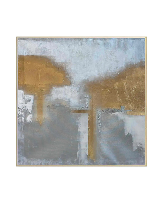 A hand-painted square canvas wall art panel depicting an abstract landscape with a textured grey and white base, a misty light grey upper field, and prominent shimmering metallic gold cloud-like blocks for modern luxury decor.