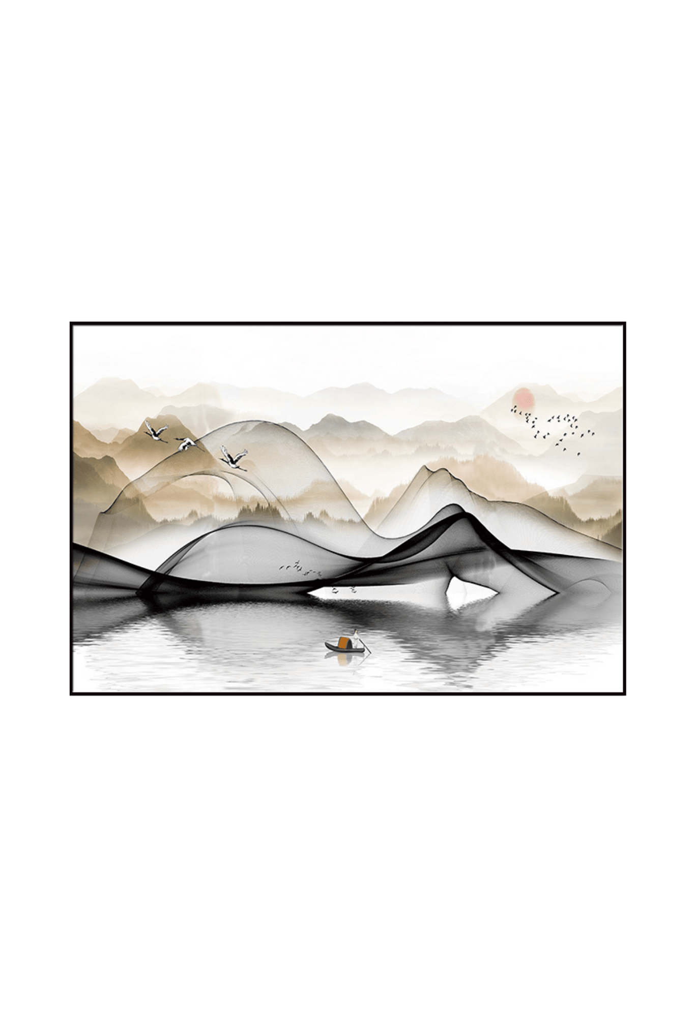 An 80x120 cm landscape abstract canvas print wall art panel depicting a minimalist ink wash mountain scene with flying cranes and a small boat on a calm water surface for modern living room decor.
