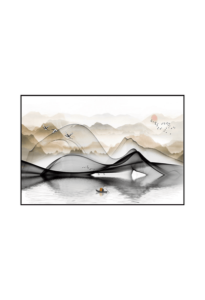 An 80x120 cm landscape abstract canvas print wall art panel depicting a minimalist ink wash mountain scene with flying cranes and a small boat on a calm water surface for modern living room decor.
