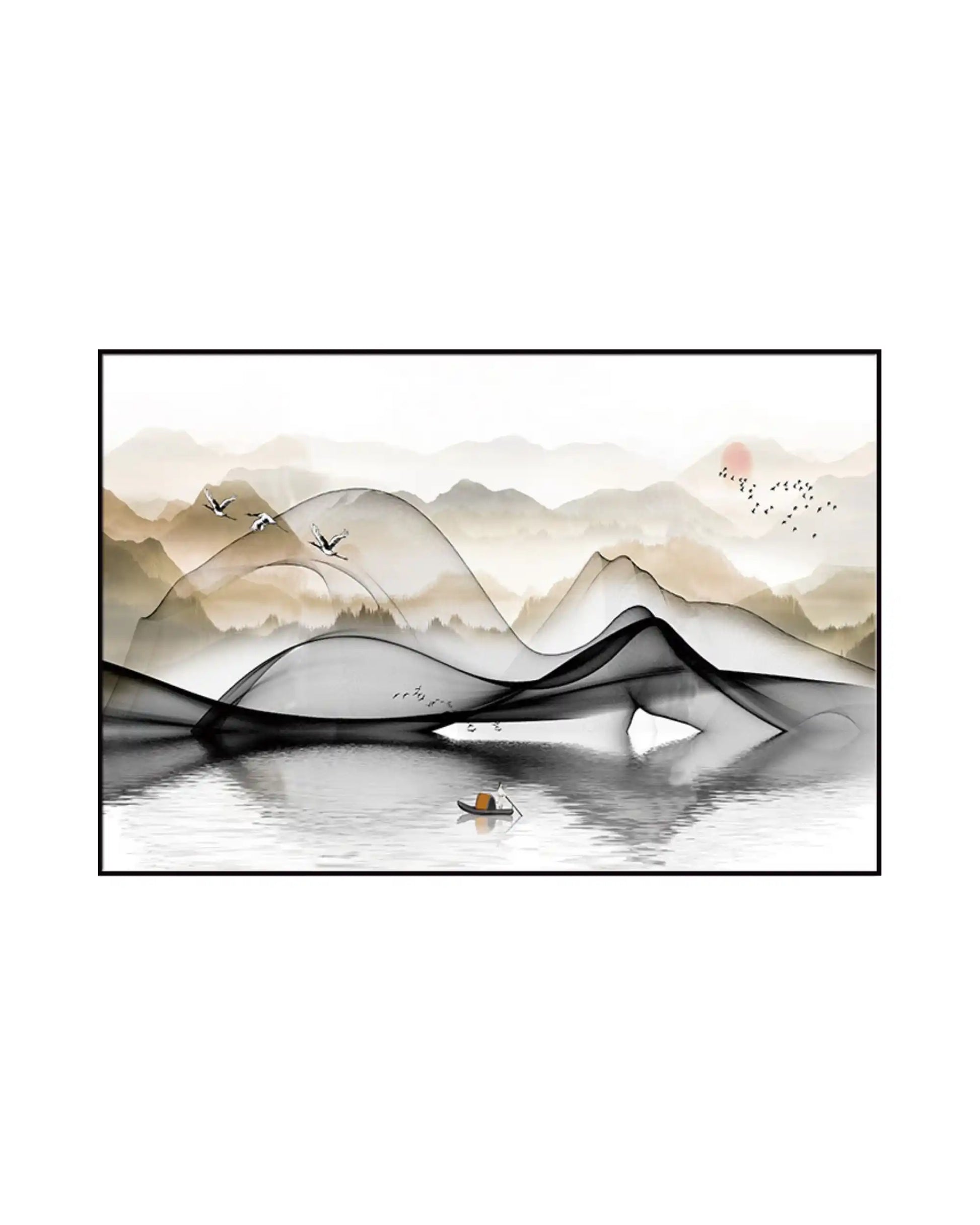 Landscape canvas print featuring an abstract, ink-wash style mountain scene with a small fishing boat on a reflective lake, flying cranes, and a red sun over a soft beige background.