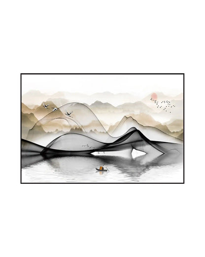 Landscape canvas print featuring an abstract, ink-wash style mountain scene with a small fishing boat on a reflective lake, flying cranes, and a red sun over a soft beige background.