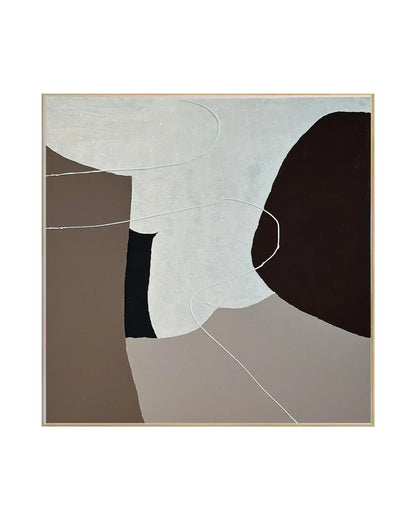 An abstract hand-painted square canvas wall art panel depicting large organic color blocks in taupe, beige, black, and dark brown overlaid with thin looping lines for modern minimalist home decor.