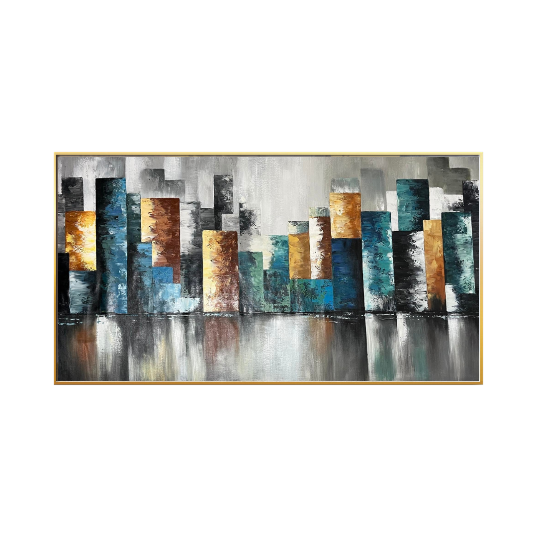 A 95x185 cm original hand-painted canvas wall art panel depicting an oversized minimalist textured layout of a colorful teal and yellow skyscraper cityscape skyline over a silver grey reflected waterfront for luxury living room decor.