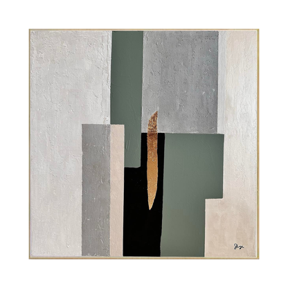 The Anchor in Silence 75x75 cm original hand-painted canvas wall art panel by Skye depicting an authentic textured square layout with interlocking sage green and black blocks accented by a central soft gold paint shape for luxury living room decor.