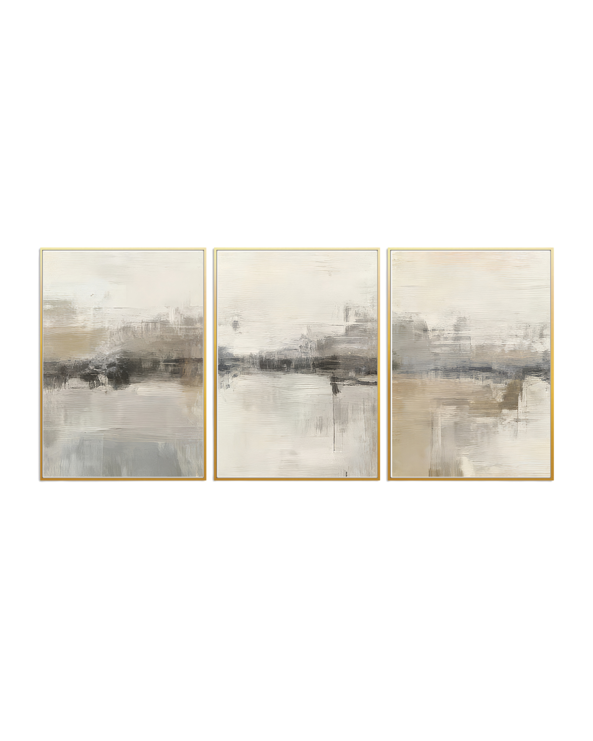 An abstract 3-panel triptych canvas wall art print set depicting a misty horizon landscape layout with soft beige, slate grey, and cream textures for modern luxury home decor.