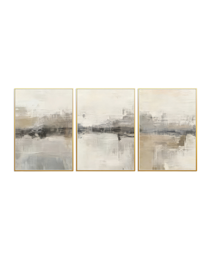 An abstract 3-panel triptych canvas wall art print set depicting a misty horizon landscape layout with soft beige, slate grey, and cream textures for modern luxury home decor.