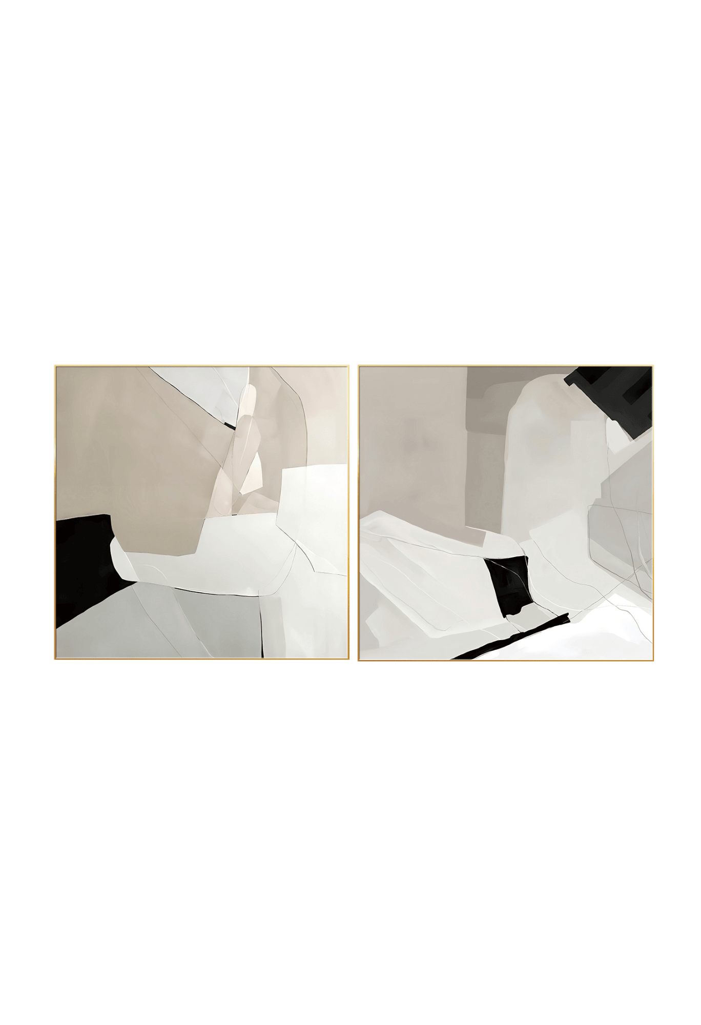 Two beige and black abstract canvas print wall art panels depicting minimalist intersecting geometric color blocks, architectural planes, and neutral beige shades for modern living room decor.