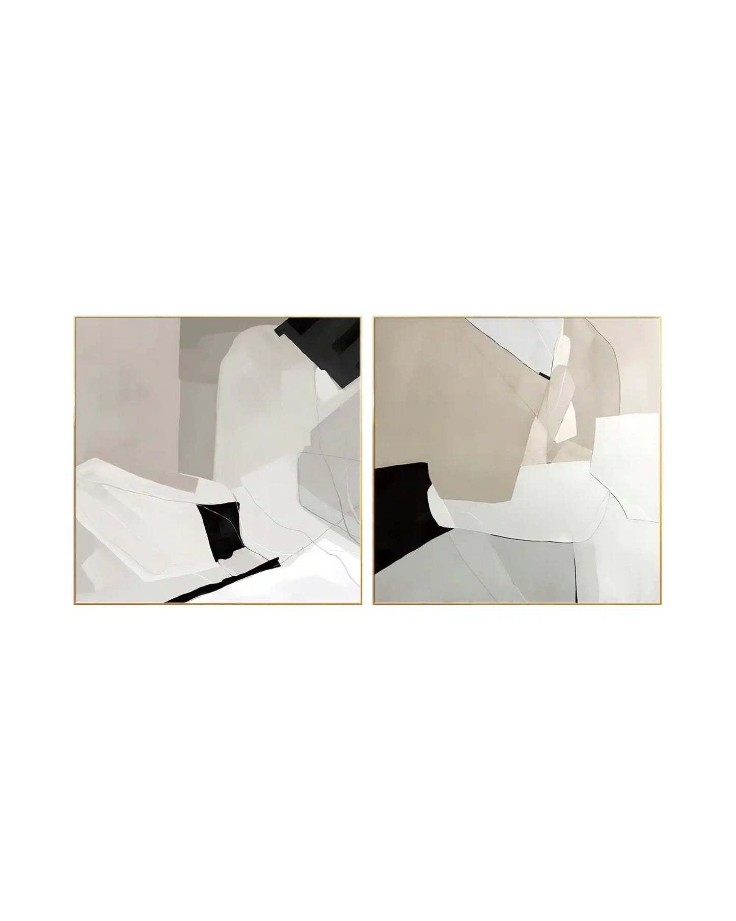 Modern minimalist abstract diptych wall art featuring fragmented geometric color blocks in a neutral palette of beige, cream, light grey, and bold black accents in gold frames.