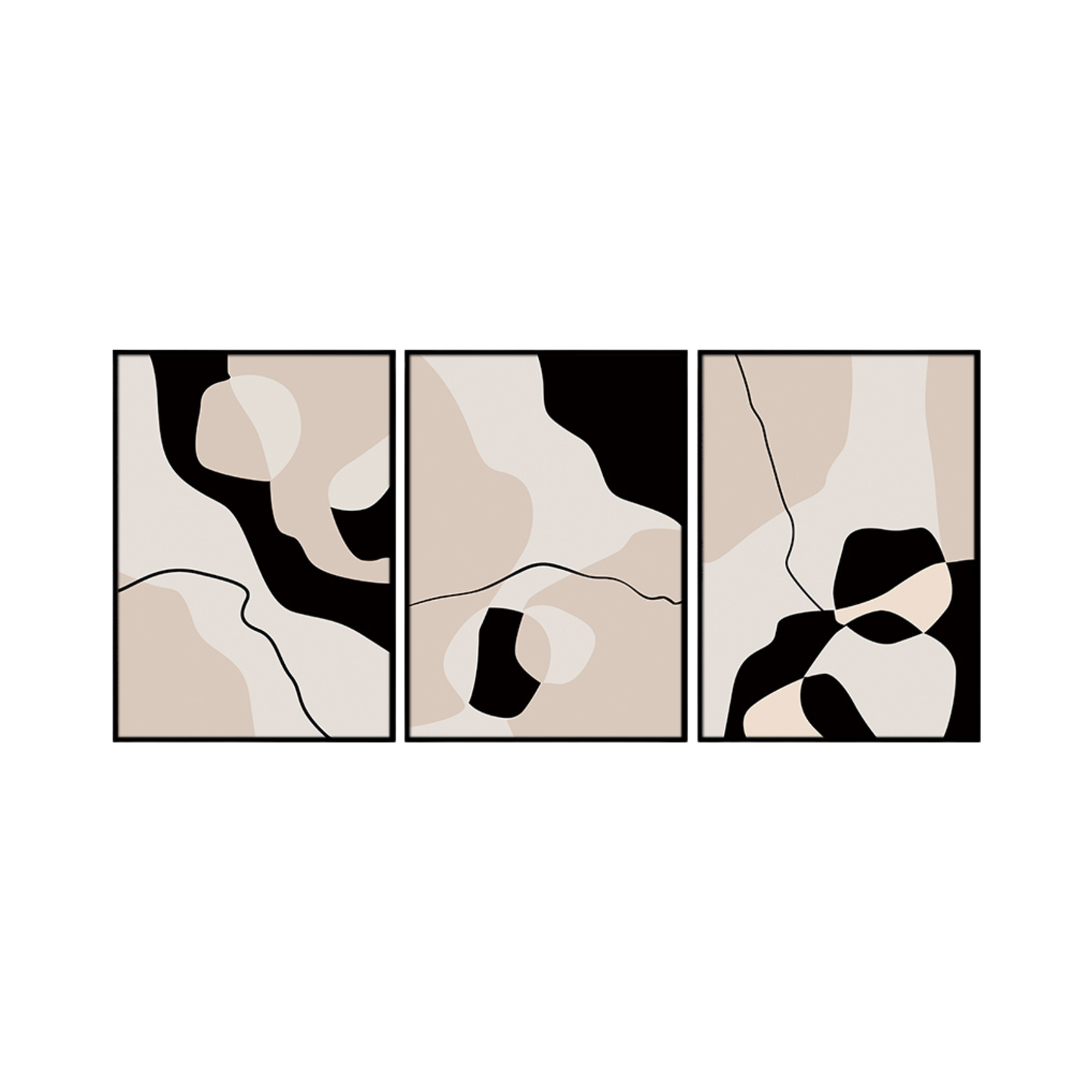 Three 50x70 cm beige black and cream abstract canvas print wall art panels depicting minimalist organic shapes, fluid color blocks, and thin lines for modern Japandi living room decor.