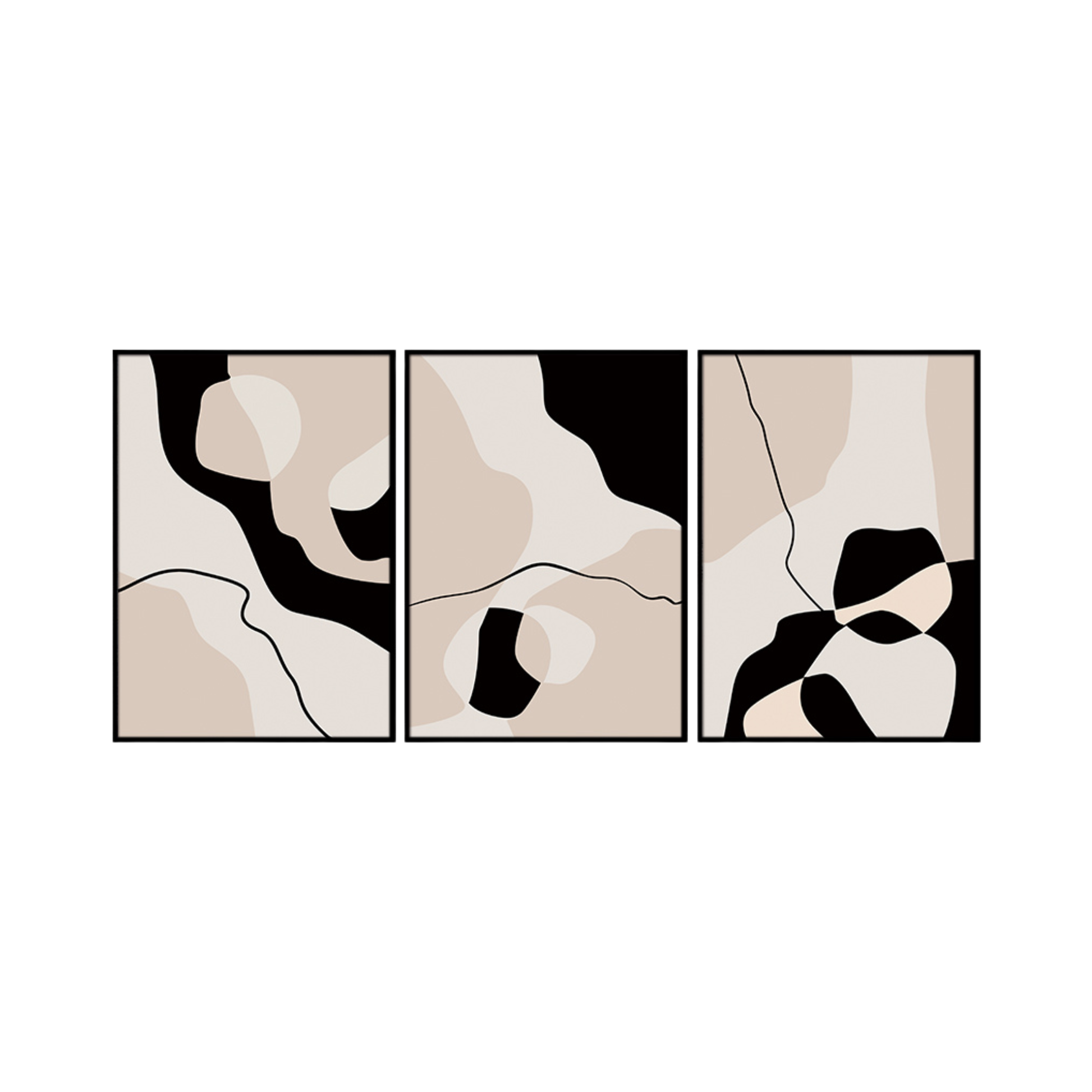 Three 50x70 cm beige black and cream abstract canvas print wall art panels depicting minimalist organic shapes, fluid color blocks, and thin lines for modern Japandi living room decor.