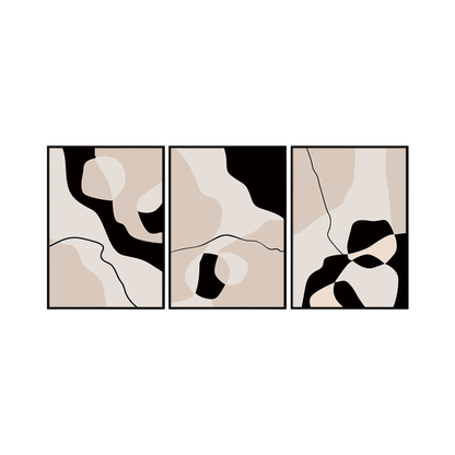 Three 50x70 cm beige black and cream abstract canvas print wall art panels depicting minimalist organic shapes, fluid color blocks, and thin lines for modern Japandi living room decor.