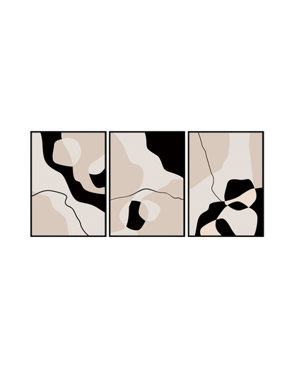Set of three abstract art prints with black, white, and beige colors on a white background