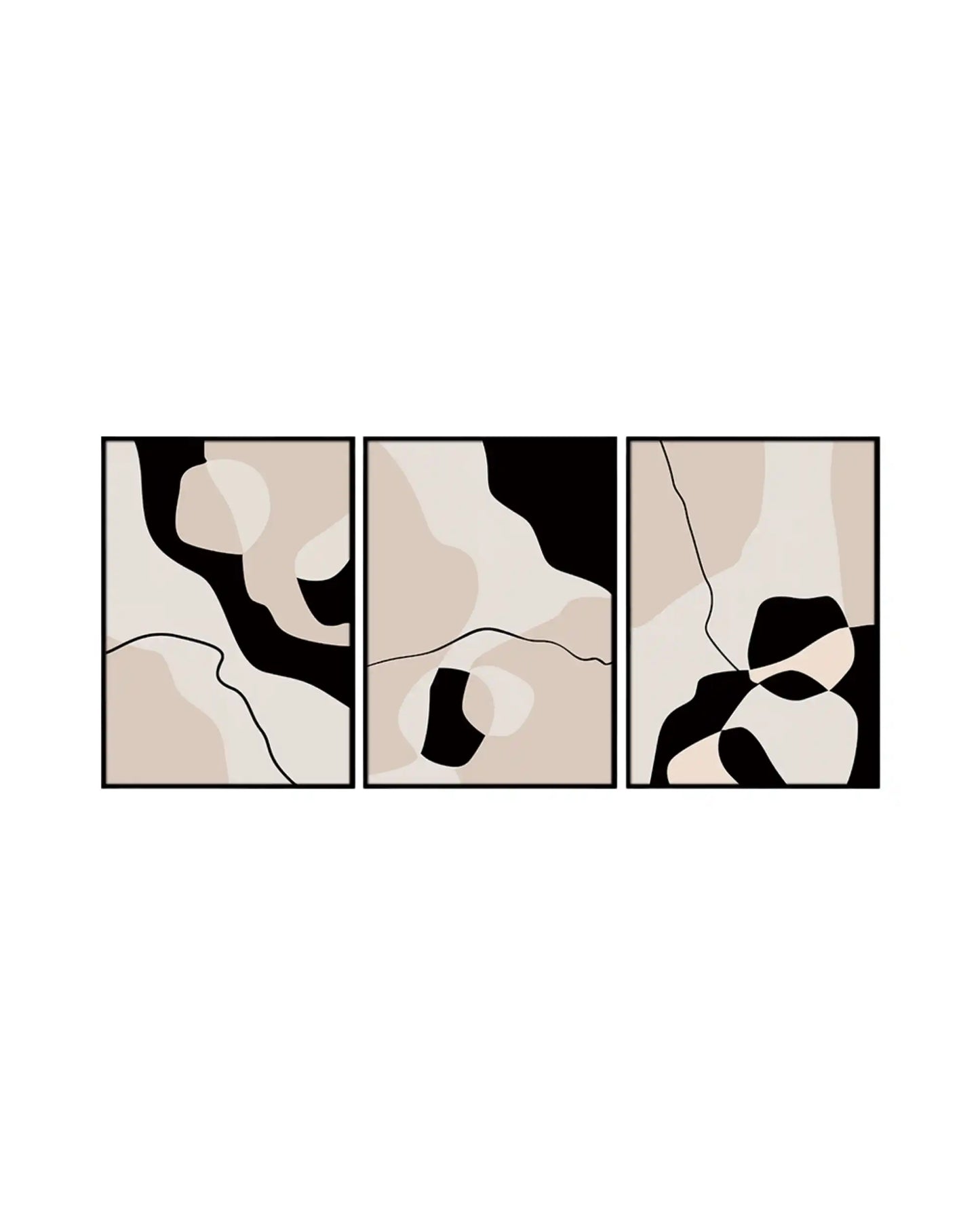 Set of three abstract art prints with black, white, and beige colors on a white background