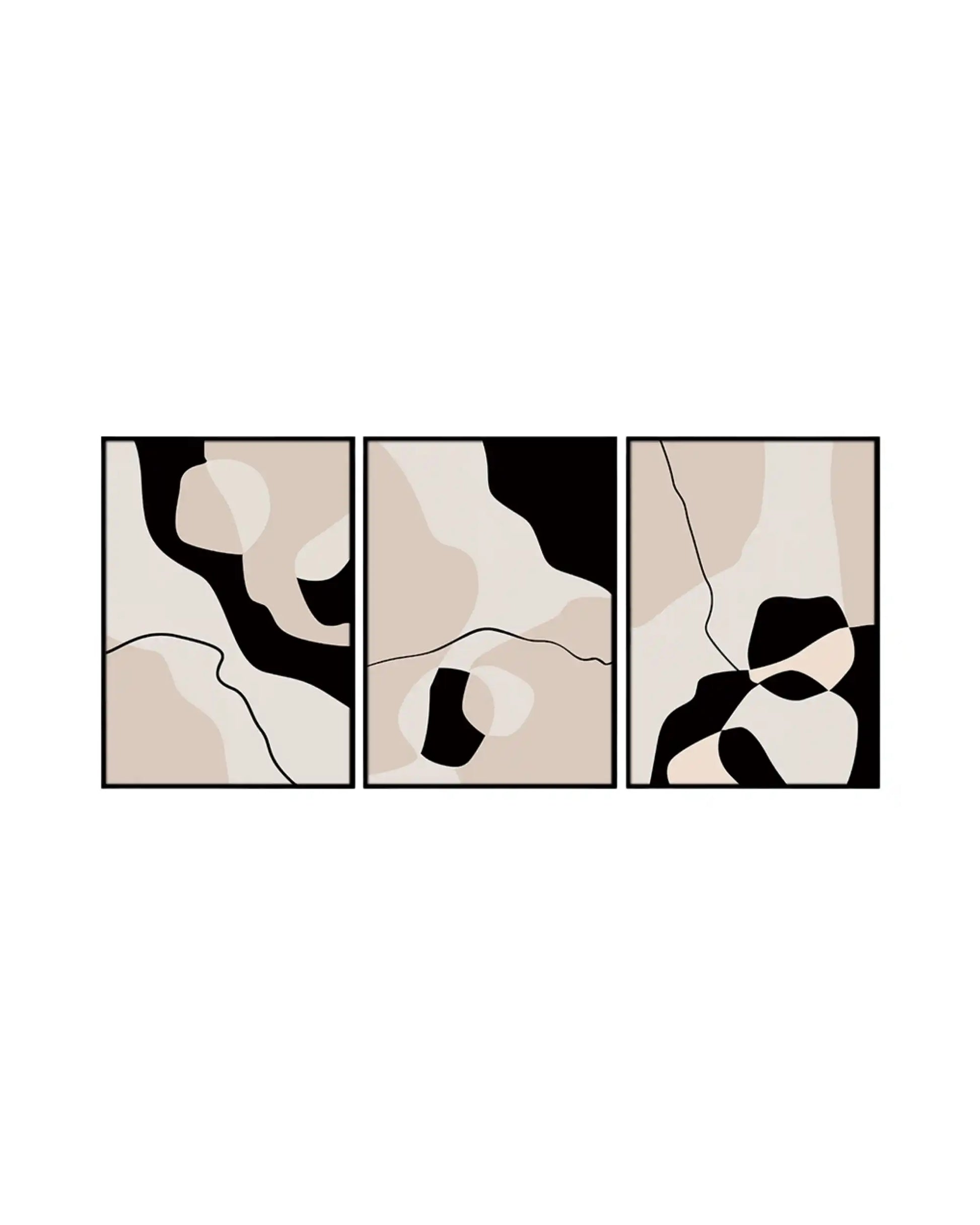 Set of three abstract art prints with black, white, and beige colors on a white background