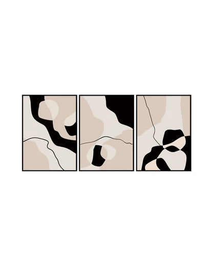 Set of three abstract art prints with black, white, and beige colors on a white background