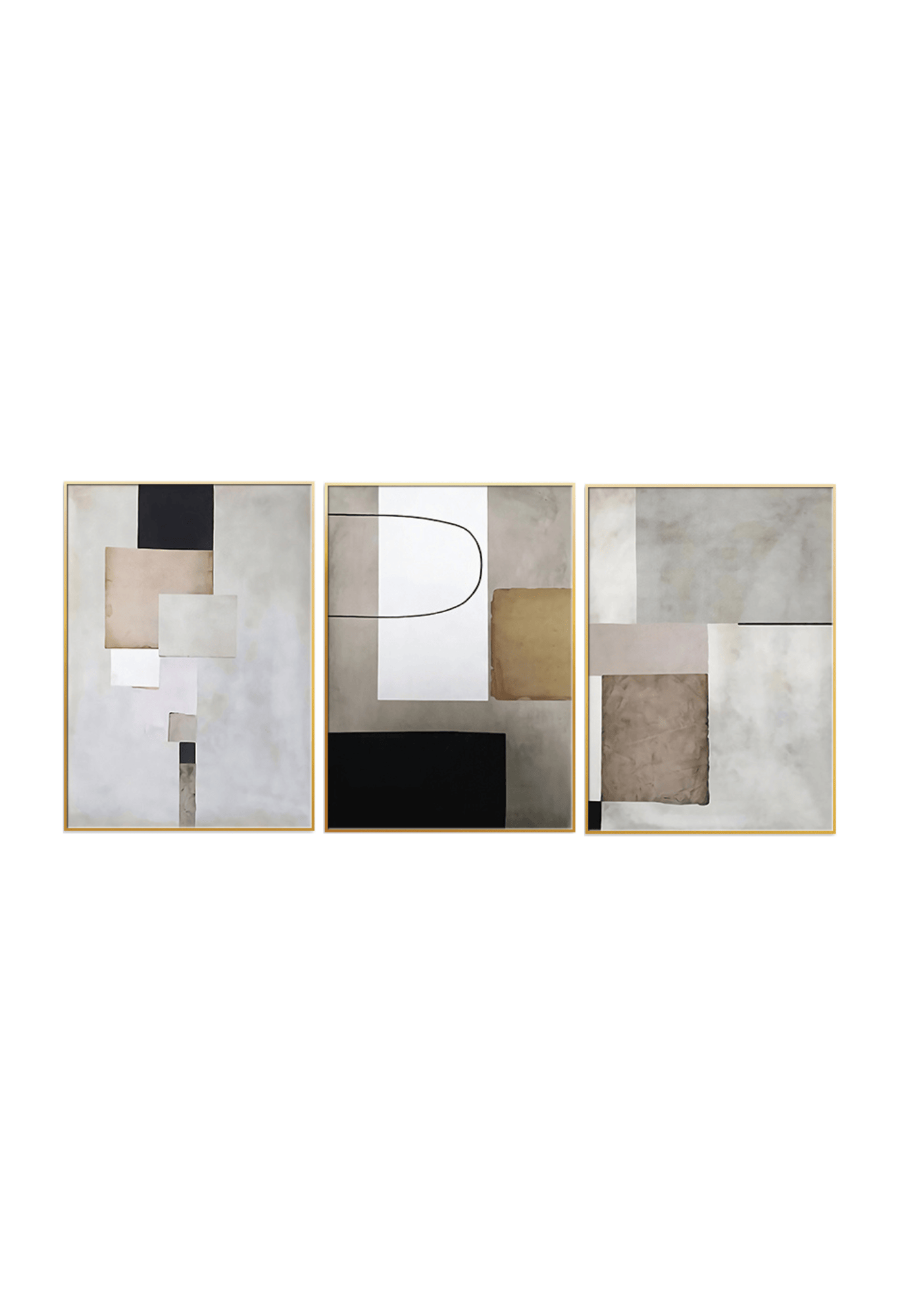 Three 50x70 cm beige black and grey abstract canvas print wall art panels depicting minimalist overlapping geometric color blocks, rectangular planes, and a fine line loop for modern living room decor.