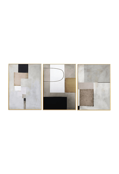 Three 50x70 cm beige black and grey abstract canvas print wall art panels depicting minimalist overlapping geometric color blocks, rectangular planes, and a fine line loop for modern living room decor.