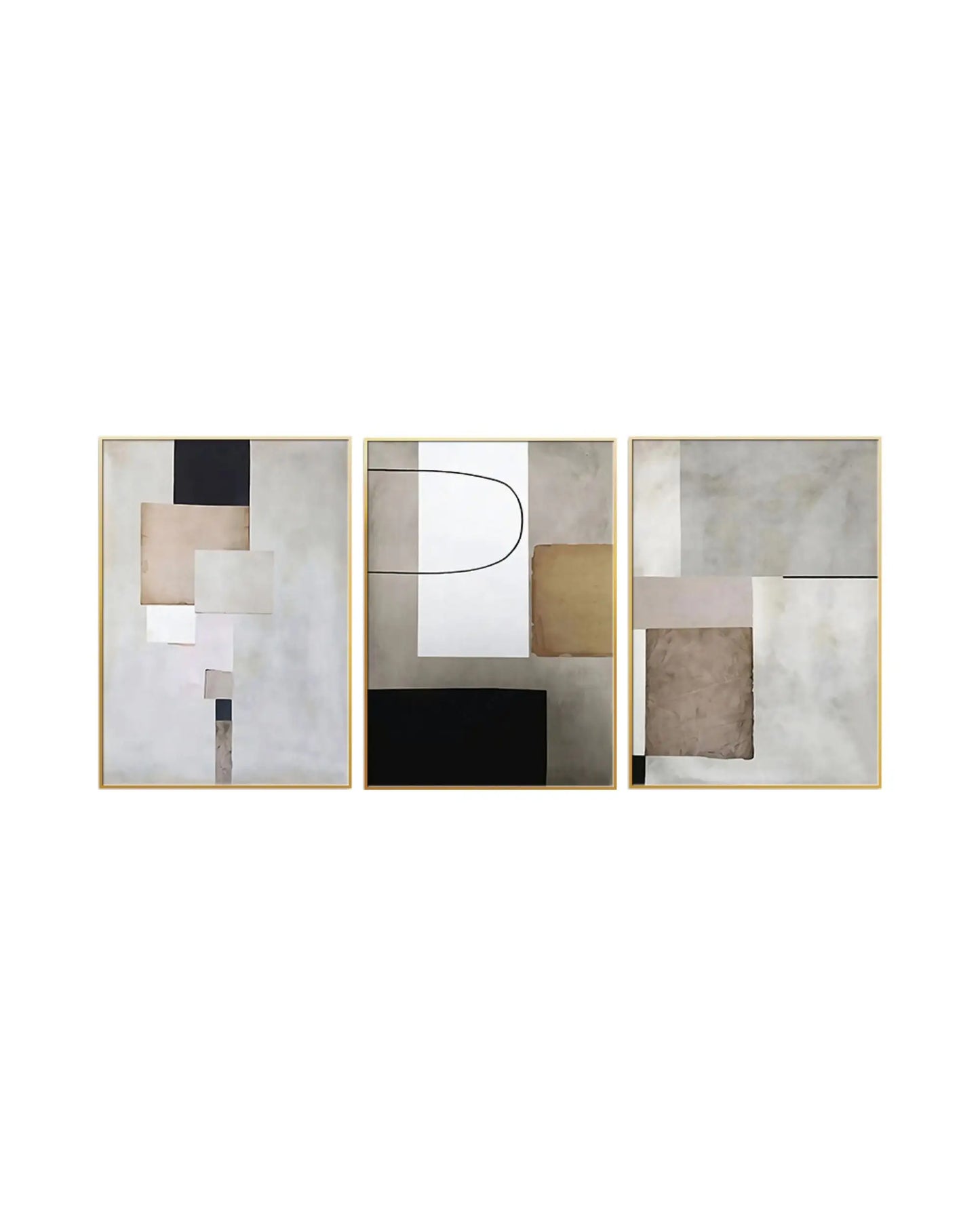 Modern minimalist abstract triptych canvas prints featuring geometric block color fields, textured watercolor patches, and a fluid arched line in beige, cream white, grey, taupe, and black.