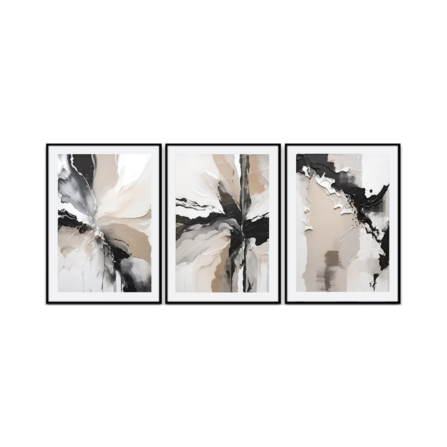 Three 50x70 cm beige black and white abstract canvas print wall art panels depicting minimalist fluid brushstrokes and smokey ink marble motifs for modern Japandi living room decor.