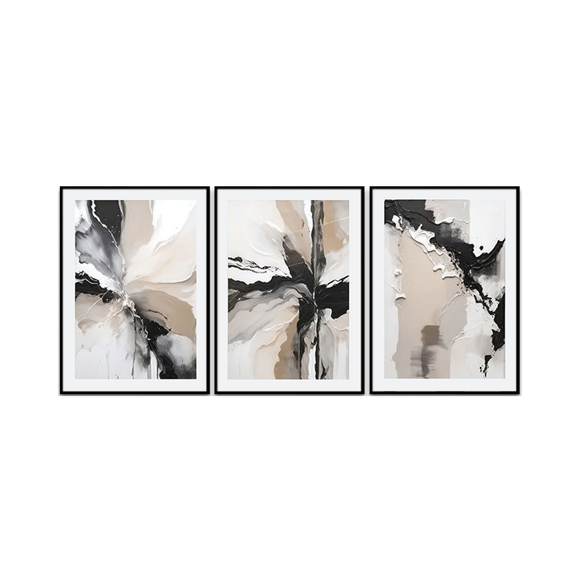 Three 50x70 cm beige black and white abstract canvas print wall art panels depicting minimalist fluid brushstrokes and smokey ink marble motifs for modern Japandi living room decor.