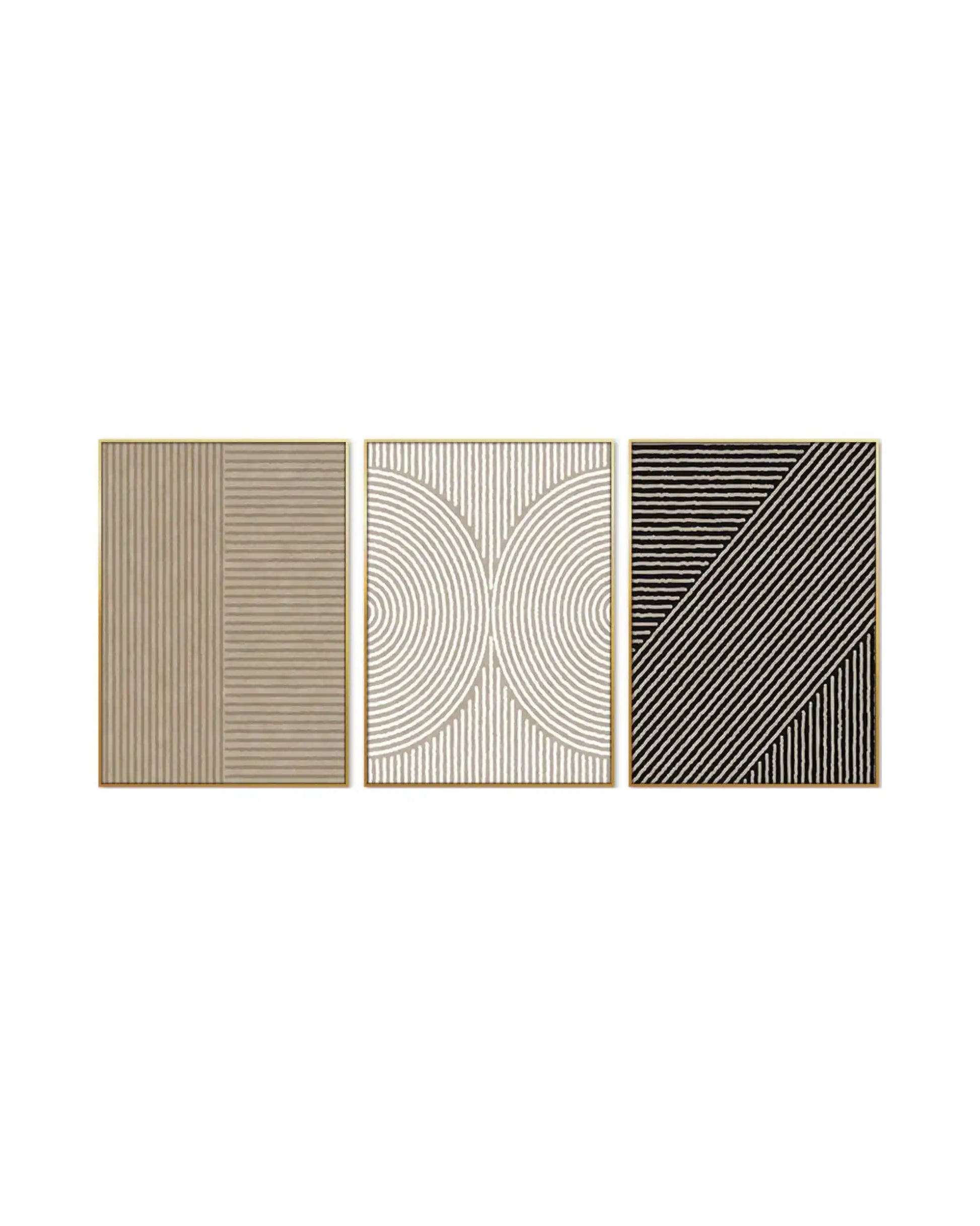 Modern minimalist abstract triptych wall art featuring textured geometric lines, concentric half circles, and stripes in beige, white, and black with gold frames.