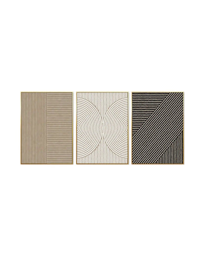 Modern minimalist abstract triptych wall art featuring textured geometric lines, concentric half circles, and stripes in beige, white, and black with gold frames.