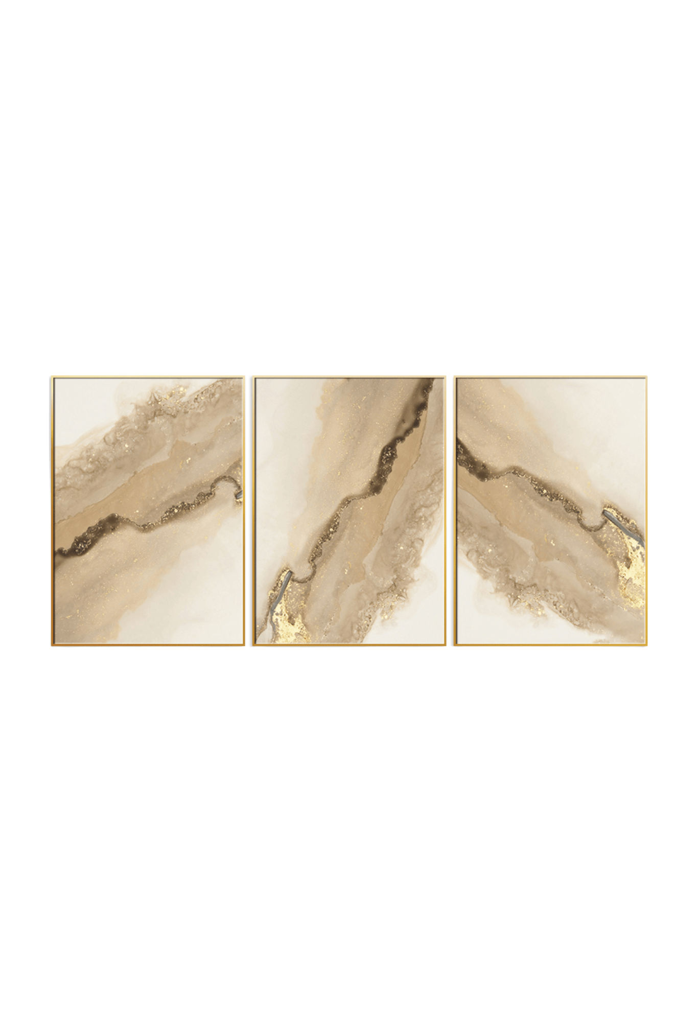 Three 50x70 cm beige gold and cream abstract canvas print wall art panels depicting minimalist fluid alcohol ink swirls, marble paths, and soft neutral waves for modern living room decor.