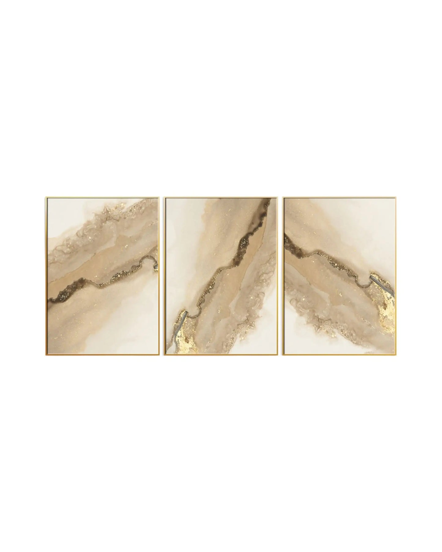 Modern minimalist abstract triptych canvas prints featuring fluid marble geode textures, shimmering gold foil veins, and organic watercolor crystal layers in cream white, beige, and warm tan.