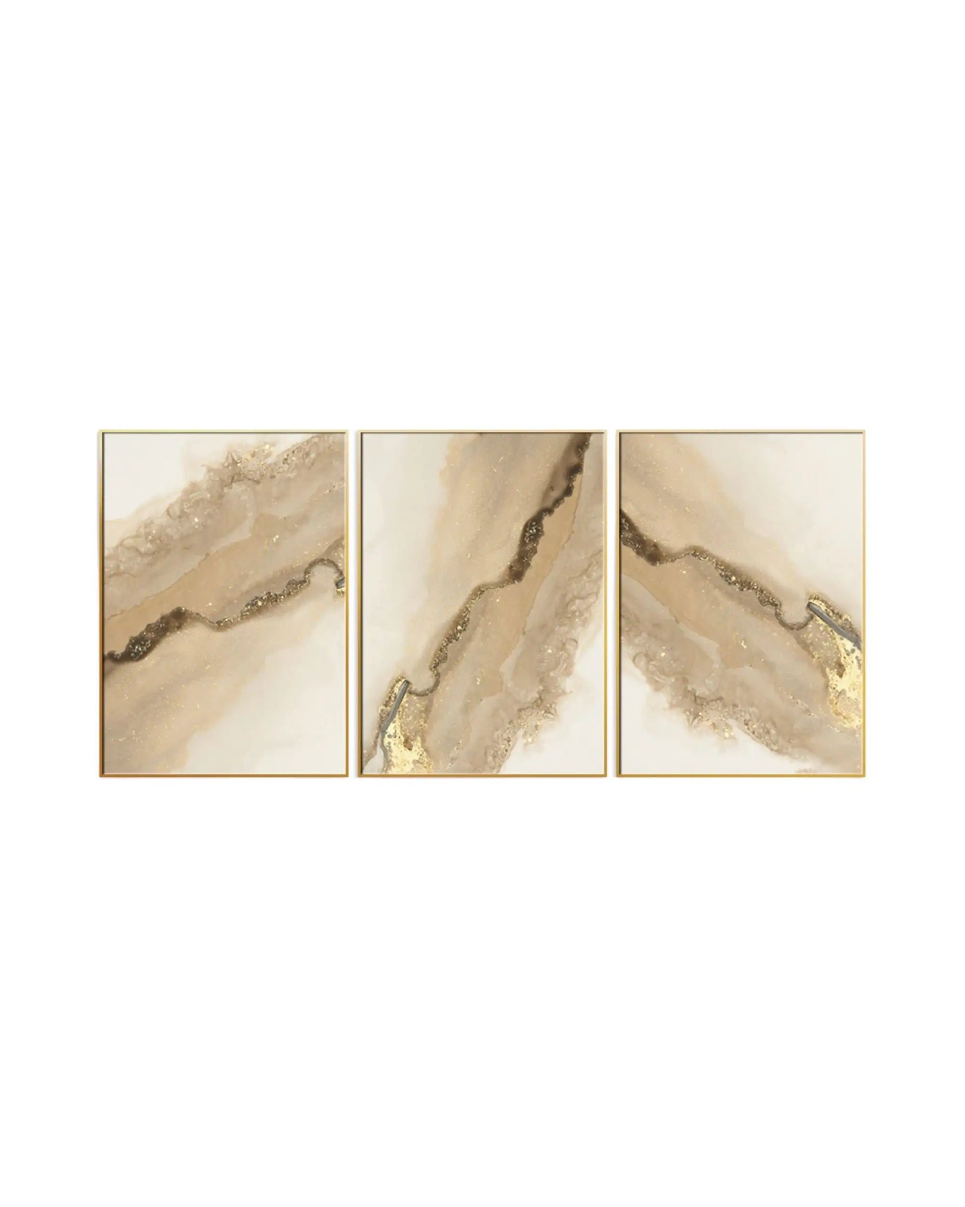 Modern minimalist abstract triptych canvas prints featuring fluid marble geode textures, shimmering gold foil veins, and organic watercolor crystal layers in cream white, beige, and warm tan.