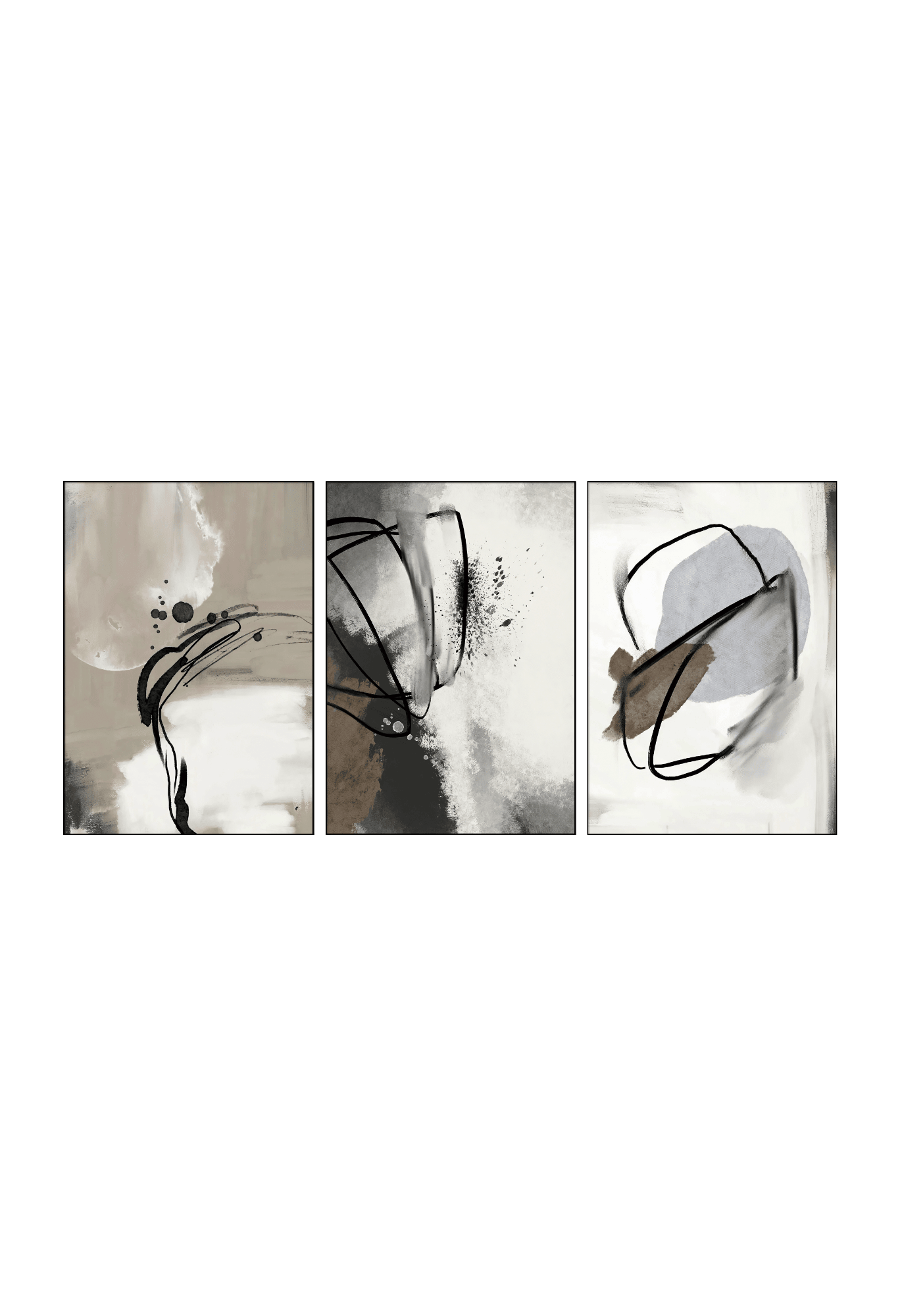 Three 50x70 cm beige grey and black abstract canvas print wall art panels depicting minimalist fluid continuous line wire loops, soft watercolor washes, and neutral shapes for modern living room decor.