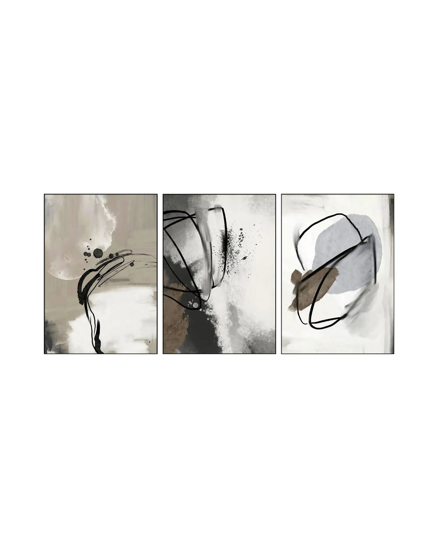 Modern minimalist abstract triptych wall art featuring organic watercolor splashes, textured neutral blocks, fluid black ink linework, and speckle splatters in beige, grey, taupe, and brown with slim charcoal frames.