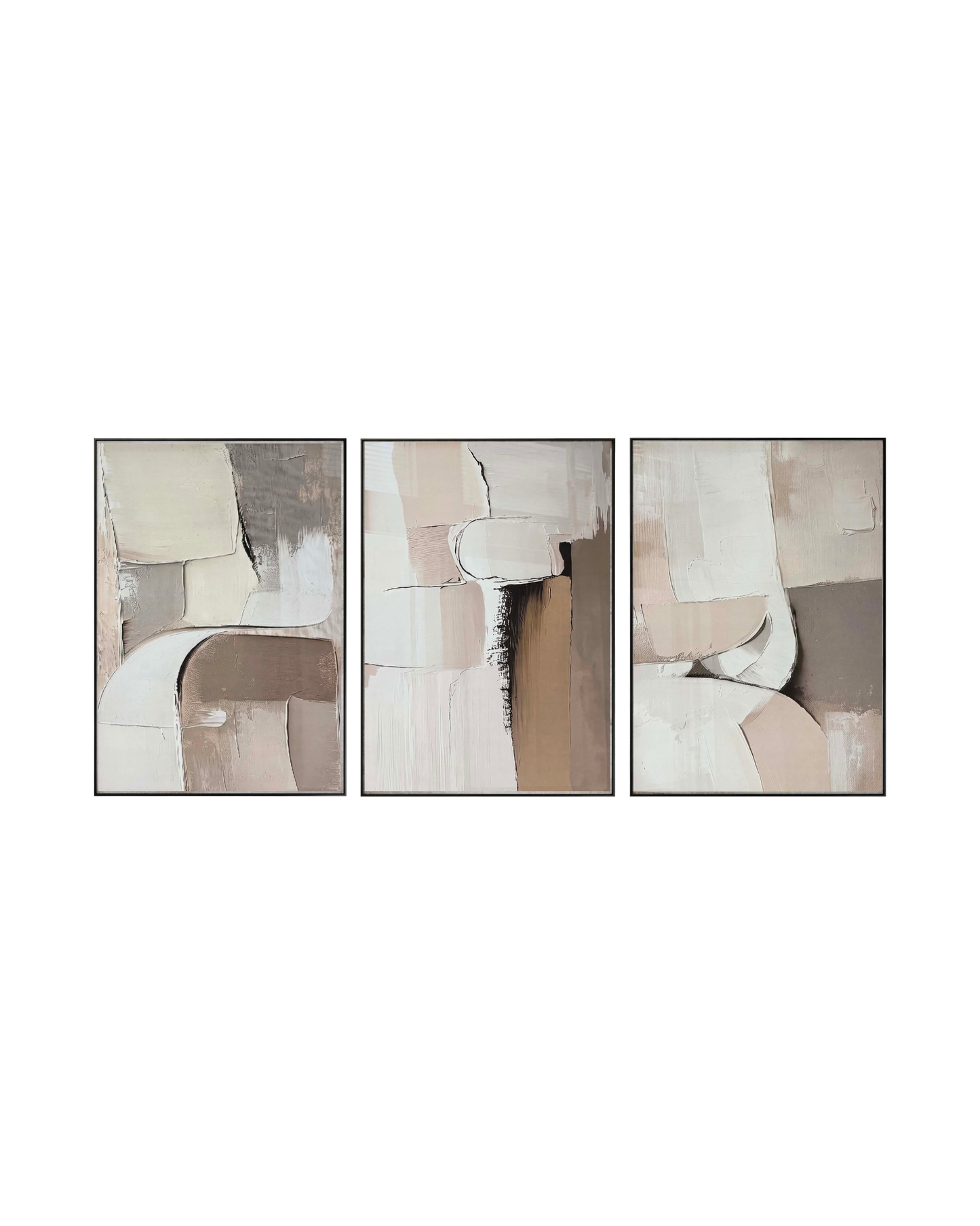 Set of three abstract art pieces with beige and taupe tones on a cream background