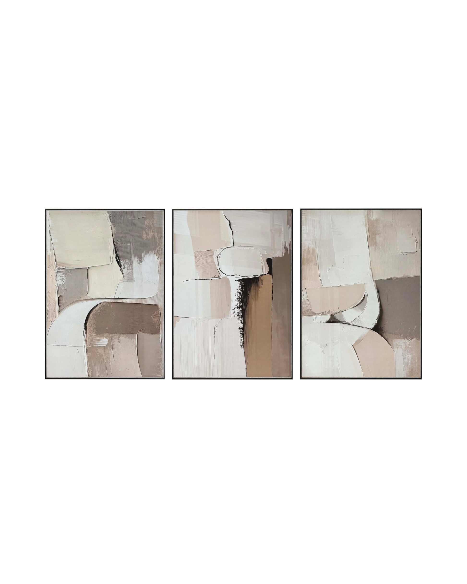 Set of three abstract art pieces with beige and taupe tones on a cream background