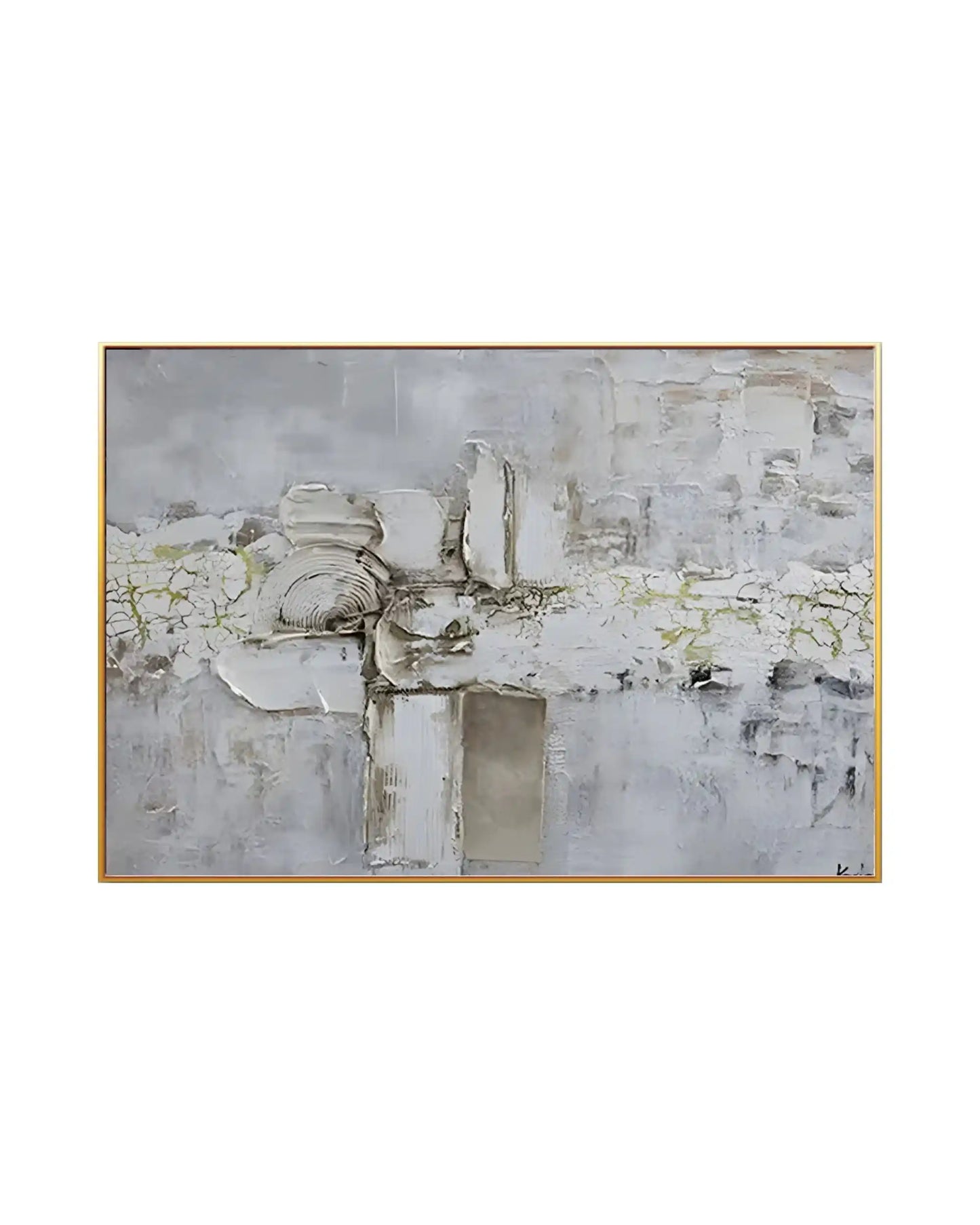 Horizontal canvas print featuring an abstract design with a printed heavy impasto texture of white and grey blocks, highlighted by crackled gold-colored accents across the center.